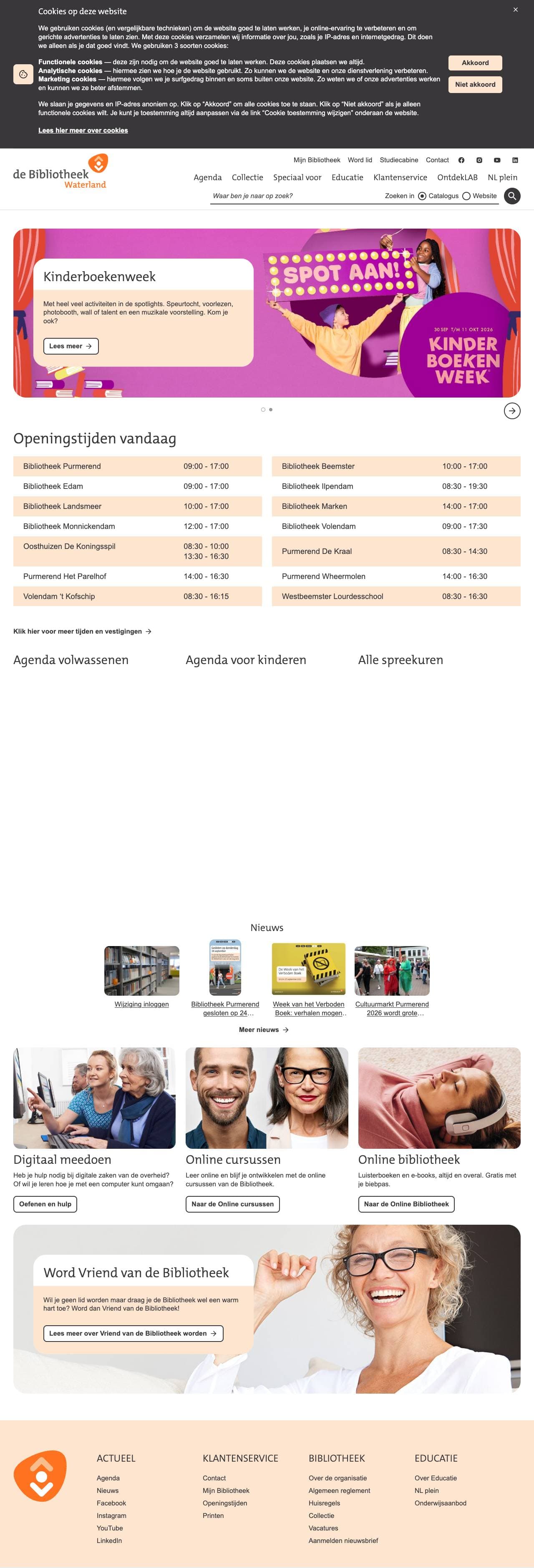 Voorbeeldweergave van de geteste pagina op bibliotheekwaterland.nl