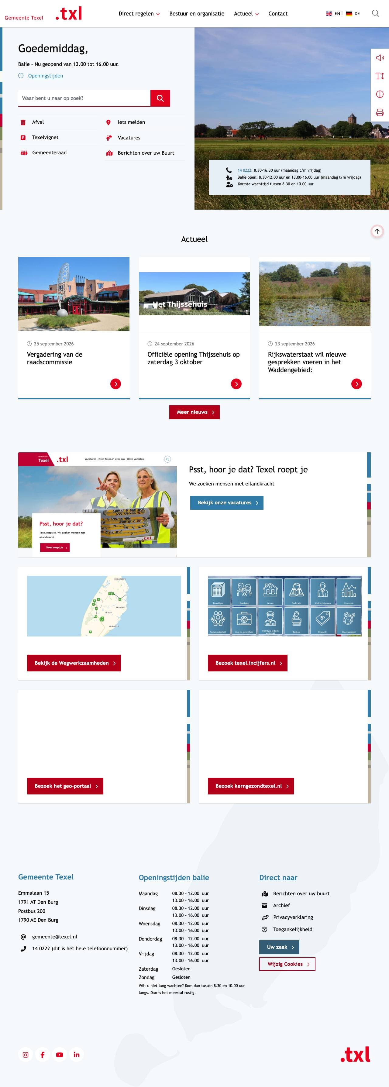 Voorbeeldweergave van de geteste pagina op texel.nl