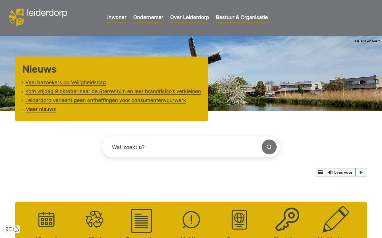 Voorbeeldweergave van de geteste pagina op leiderdorp.nl