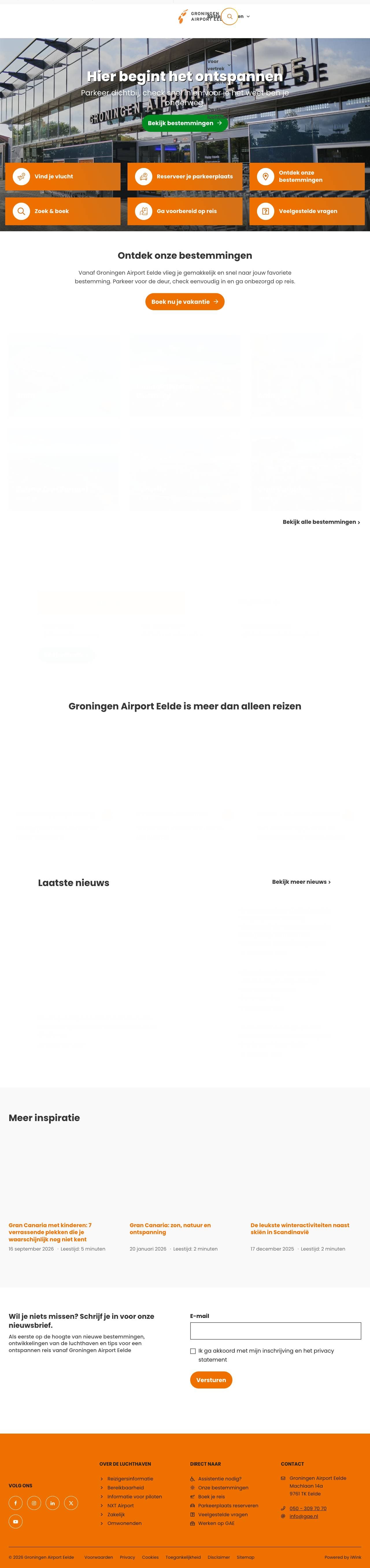 Voorbeeldweergave van de geteste pagina op groningenairport.nl