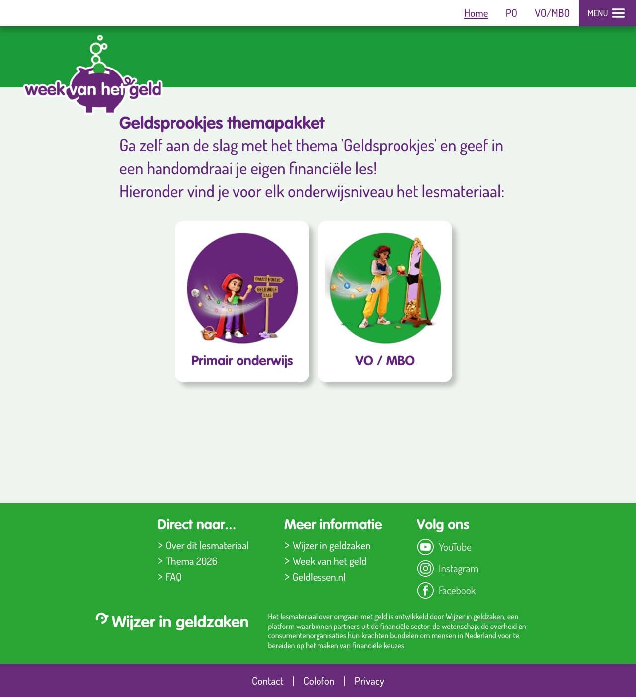 Voorbeeldweergave van de geteste pagina op educatie.weekvanhetgeld.nl