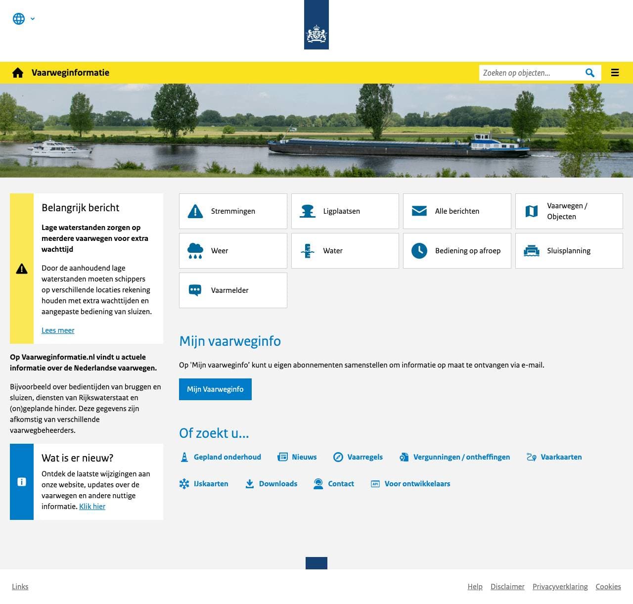 Voorbeeldweergave van de geteste pagina op vaarweginformatie.nl