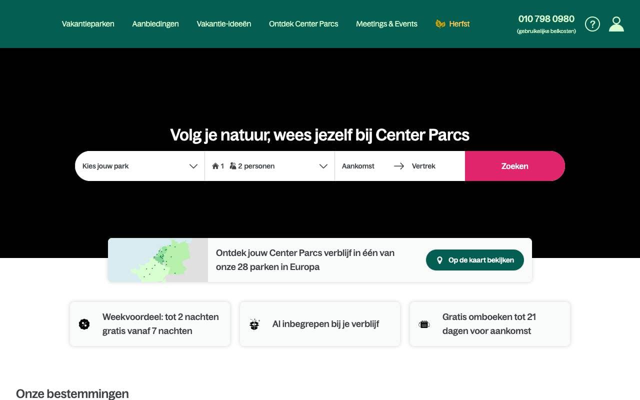 Voorbeeldweergave van de geteste pagina op centerparcs.nl