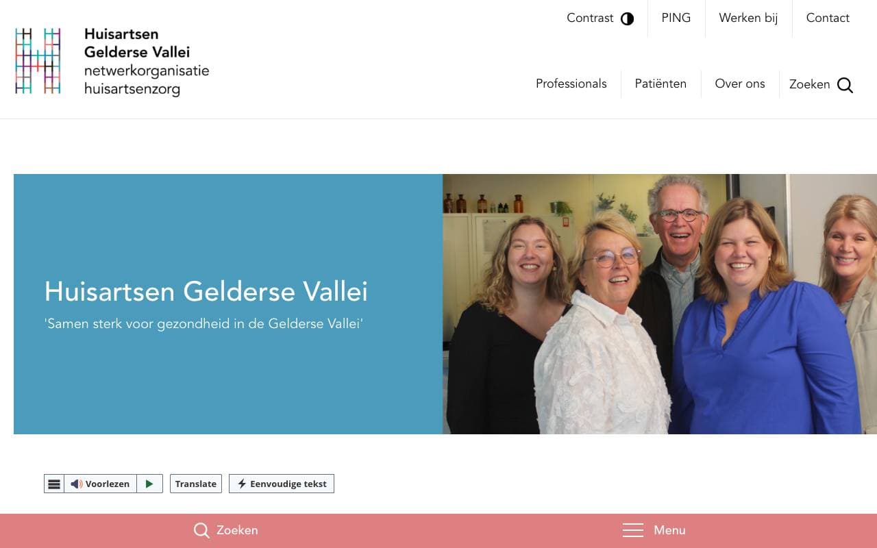 Voorbeeldweergave van de geteste pagina op huisartsengeldersevallei.nl