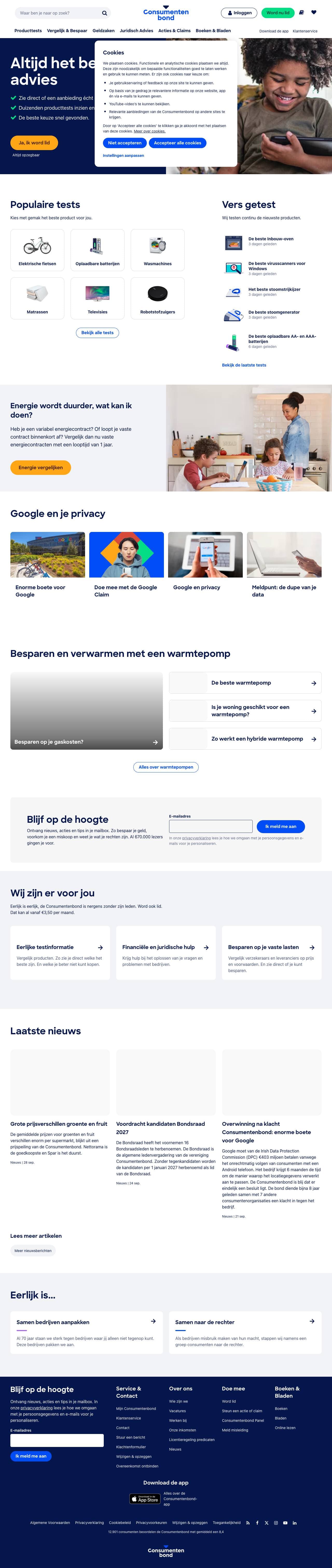 Voorbeeldweergave van de geteste pagina op consumentenbond.nl