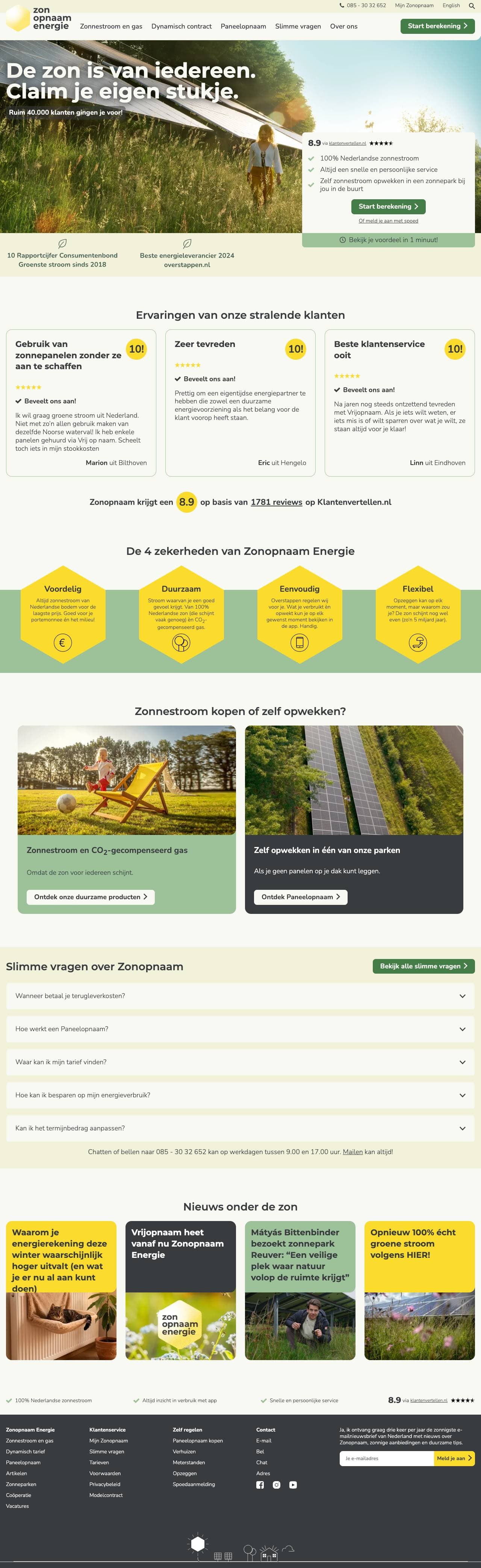 Voorbeeldweergave van de geteste pagina op zonopnaam.nl