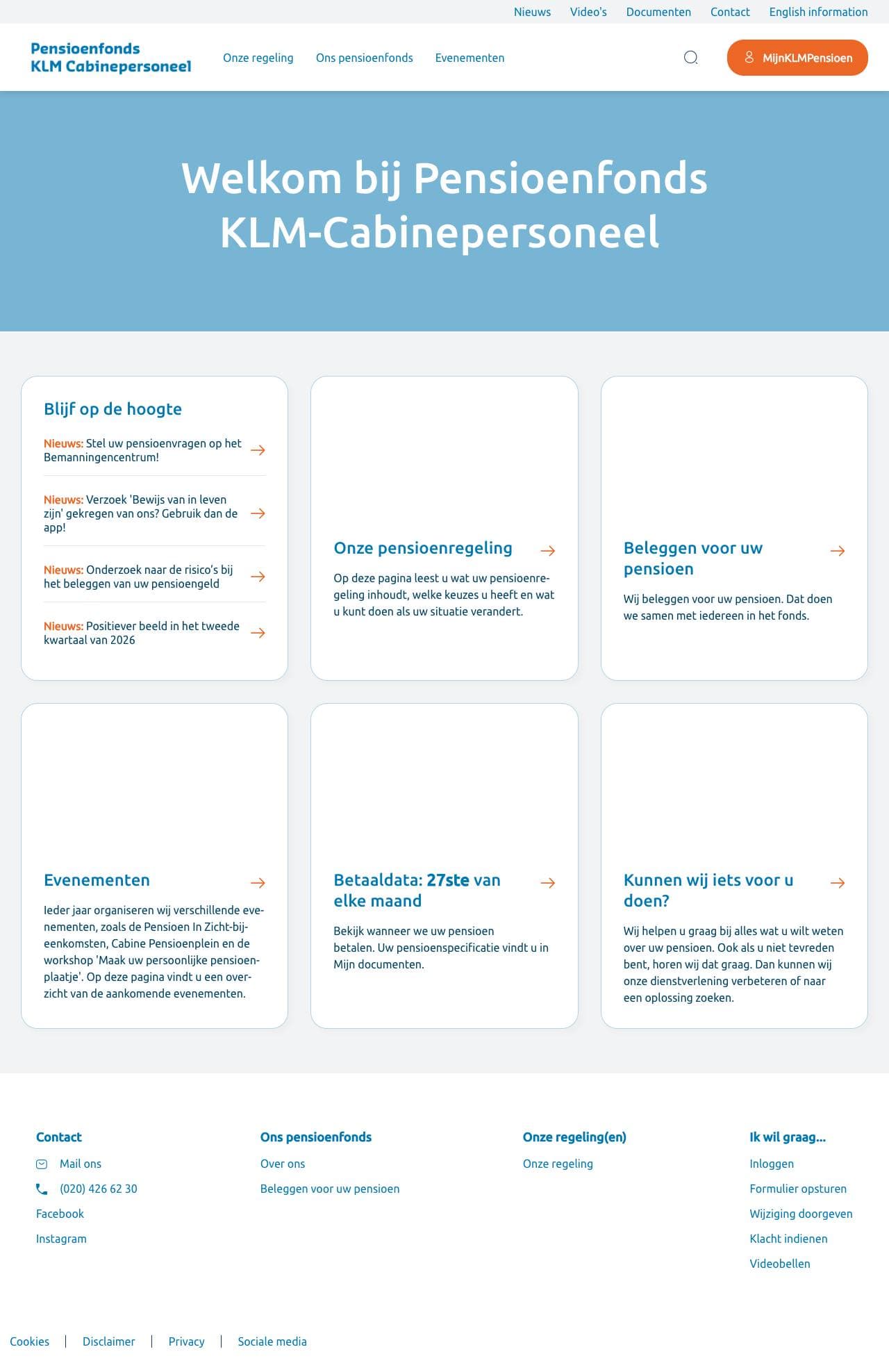 Voorbeeldweergave van de geteste pagina op klmcabinefonds.nl