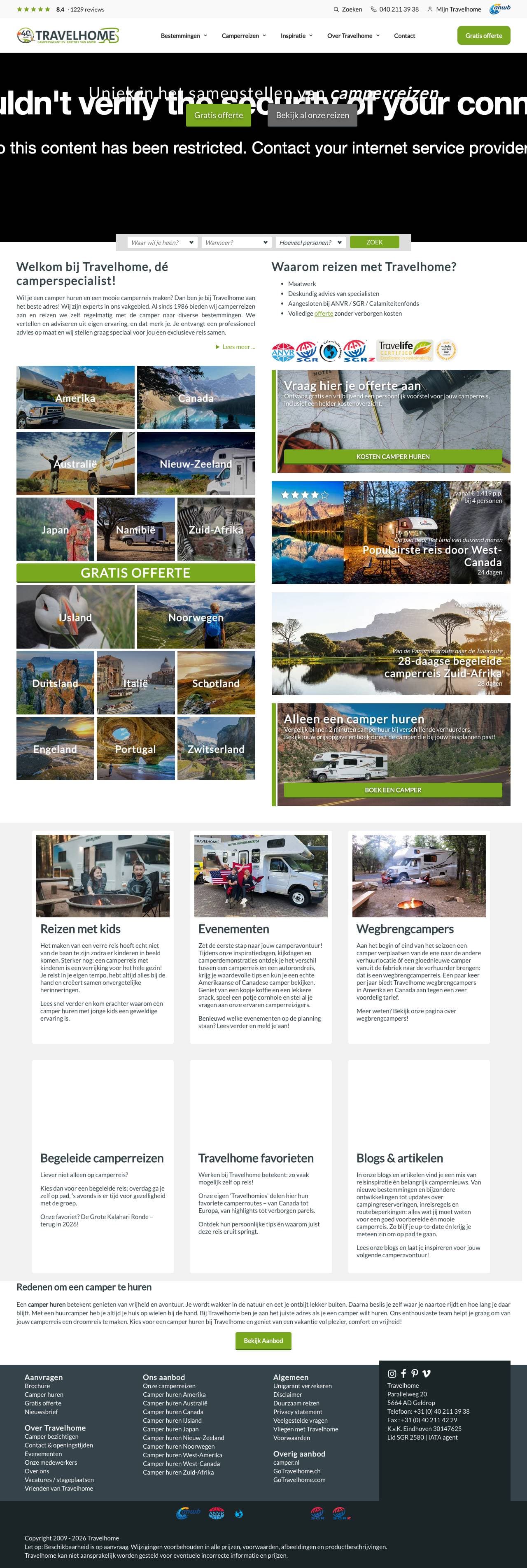 Voorbeeldweergave van de geteste pagina op travelhome.nl