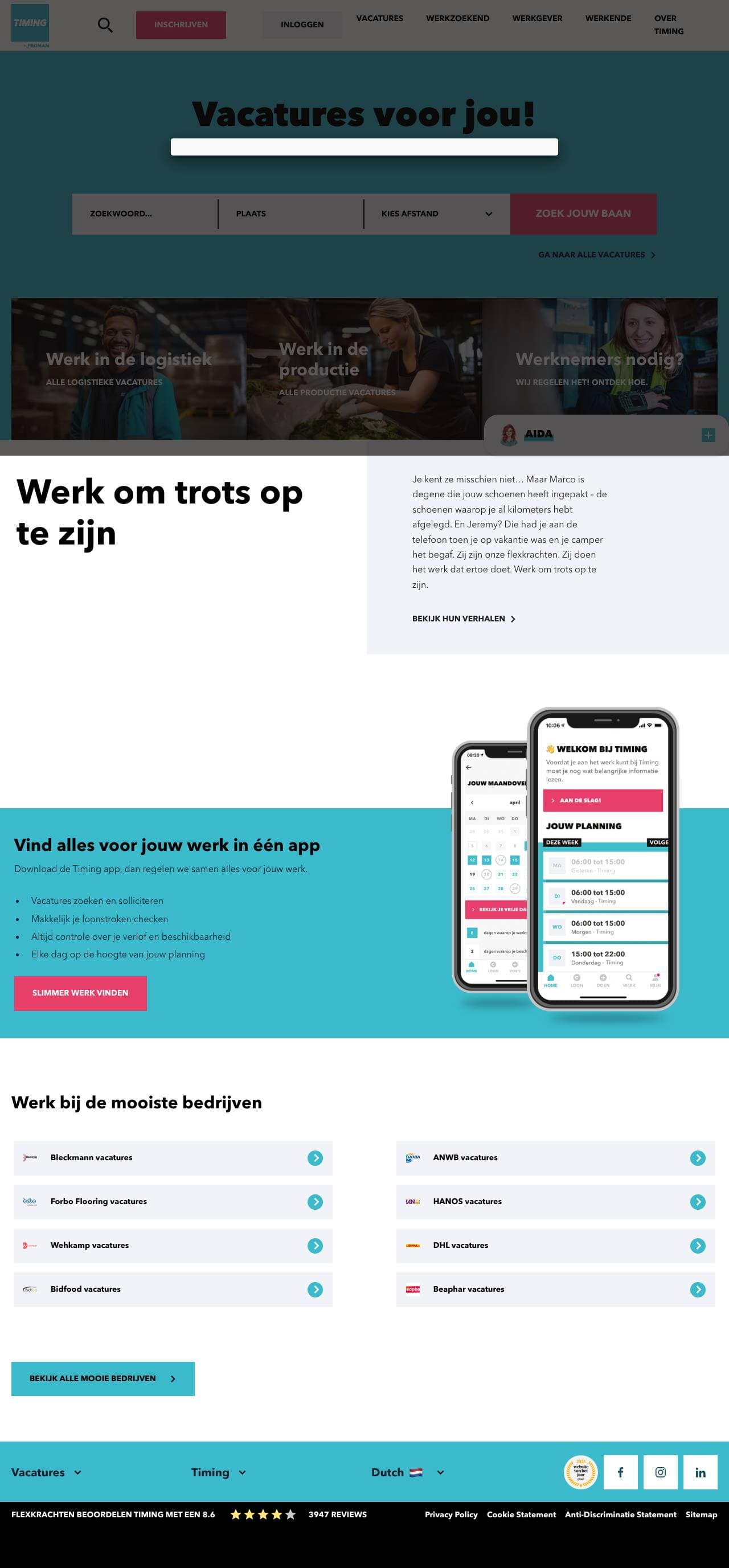 Voorbeeldweergave van de geteste pagina op timing.nl
