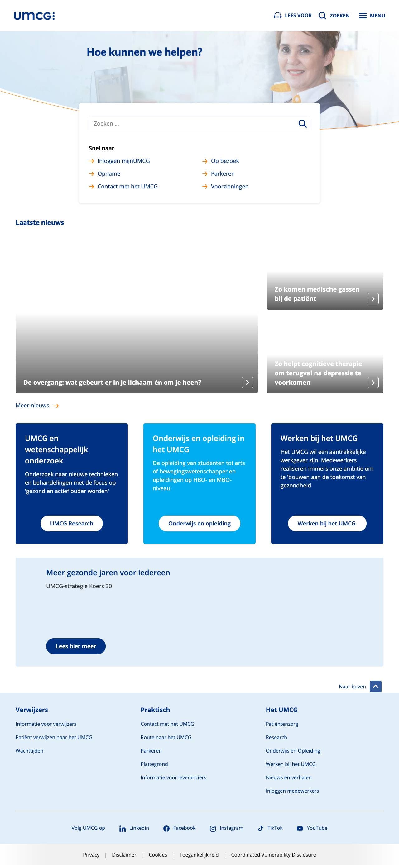 Voorbeeldweergave van de geteste pagina op umcg.nl