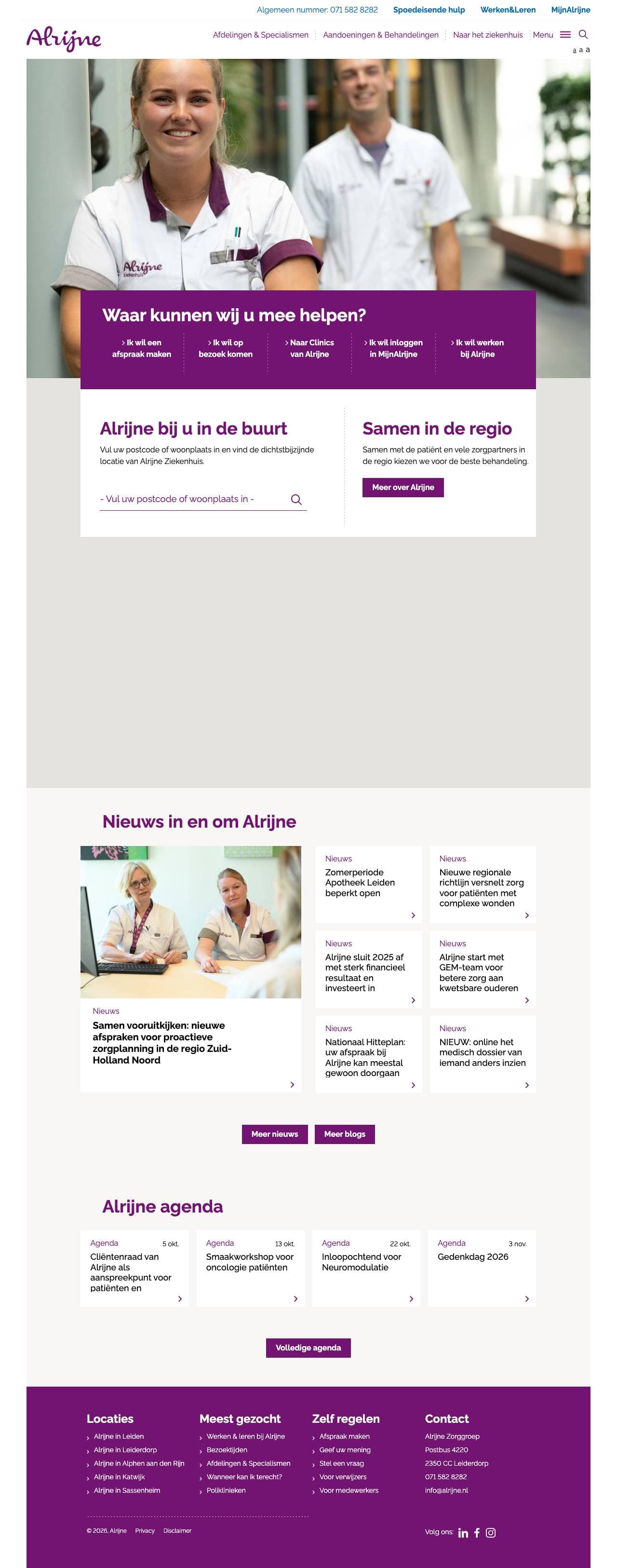 Voorbeeldweergave van de geteste pagina op alrijne.nl